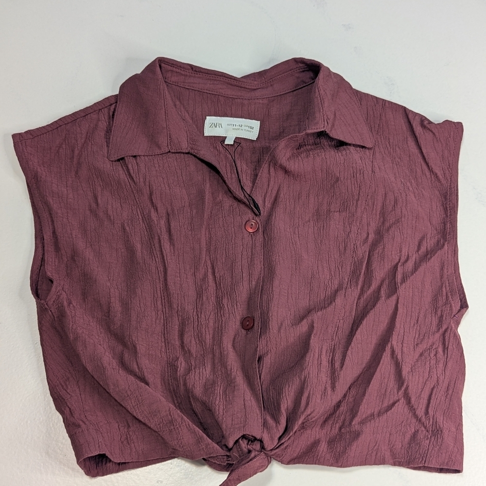 Zara Tween Girls Size 11/12 Textured Muslin Tie-Front Sleeveless Shirt Mauve